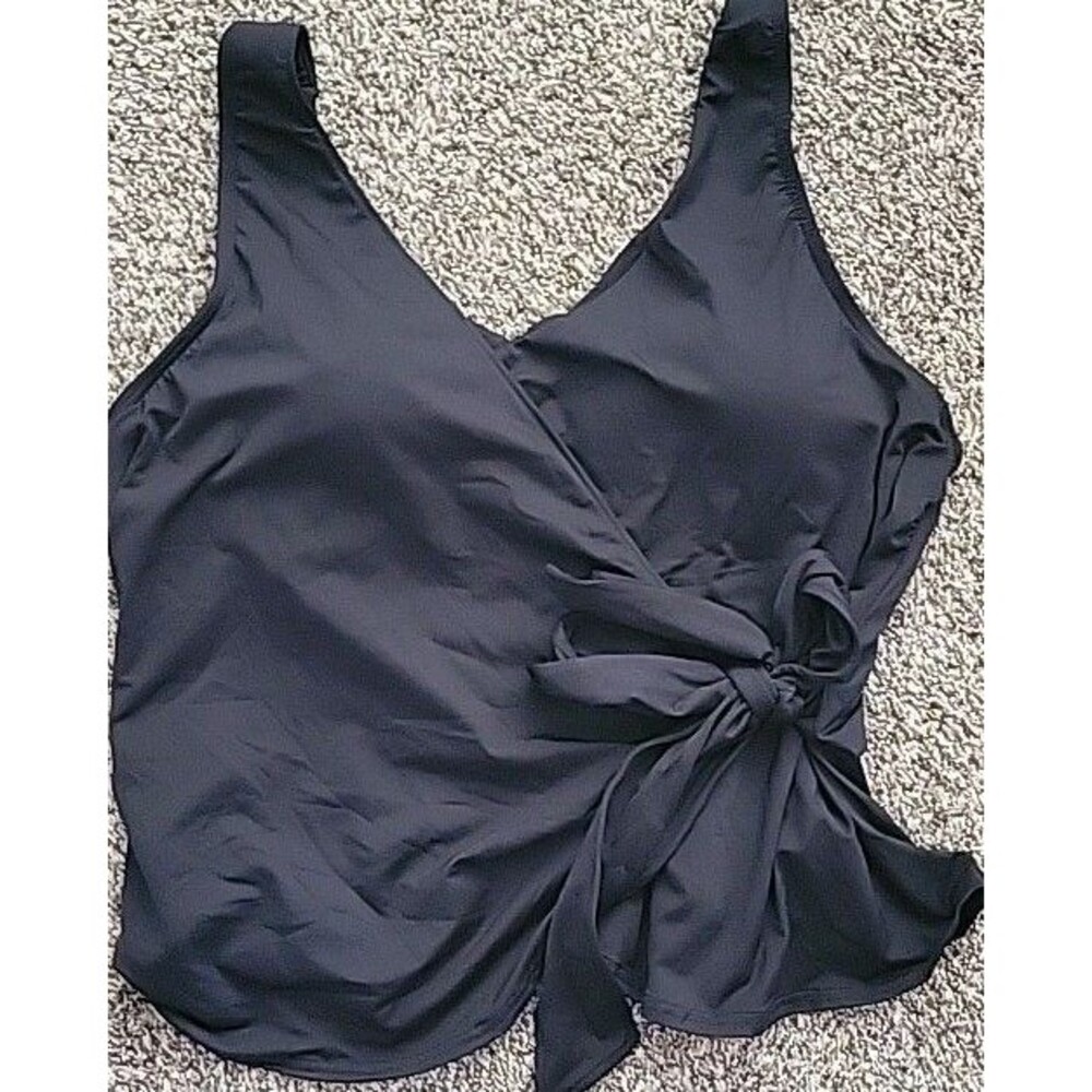 Lands' End Women's 20W Black Tankini Top Swim 2X Side Tie Solid V-Neck S1147